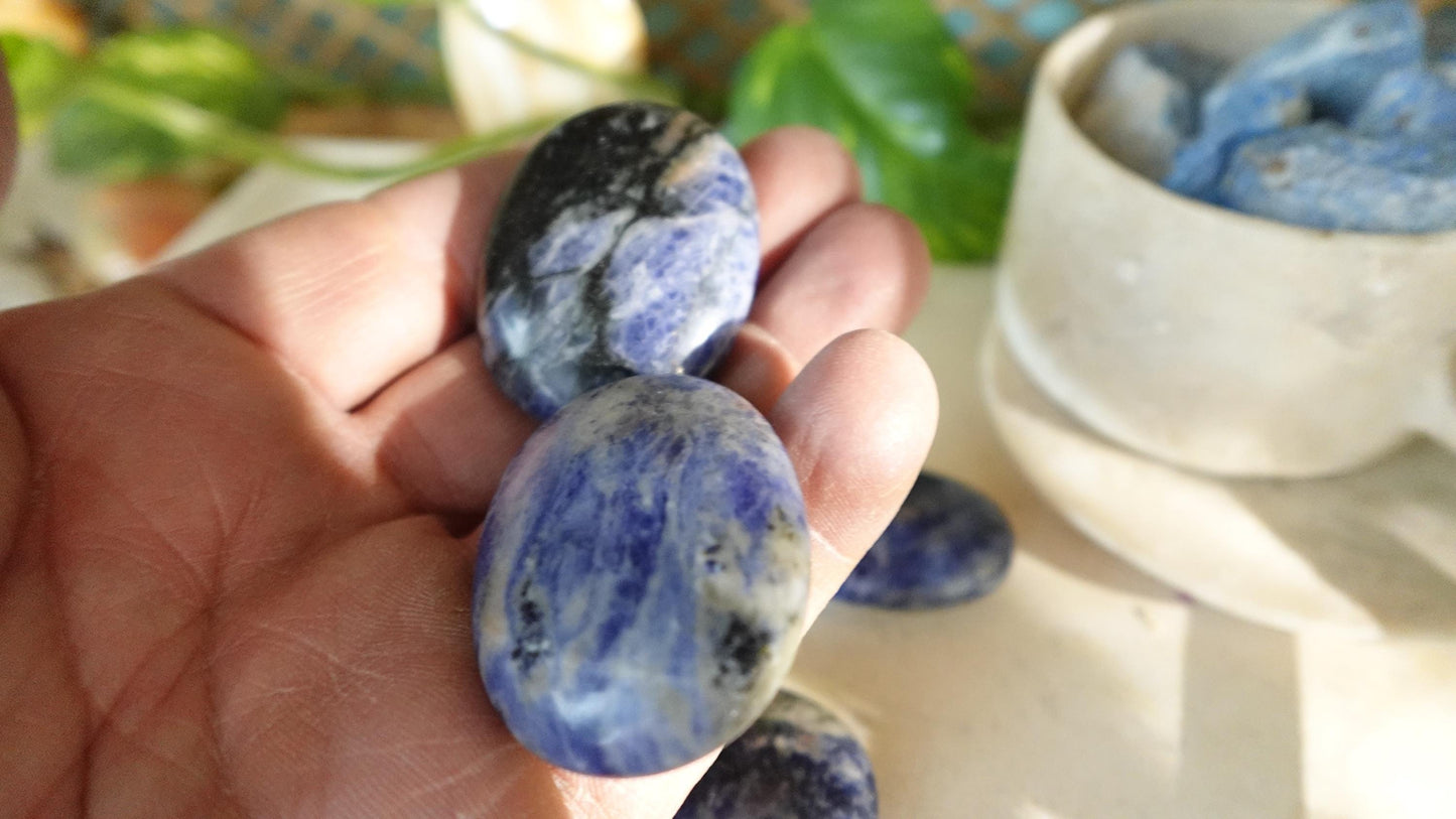 Blue Sodalite Natural Medium Palm Stone Smooth Polished Carved Crystal for Distraction Anxiety Christmas Xmas Birthday Gift Worry Anxiety