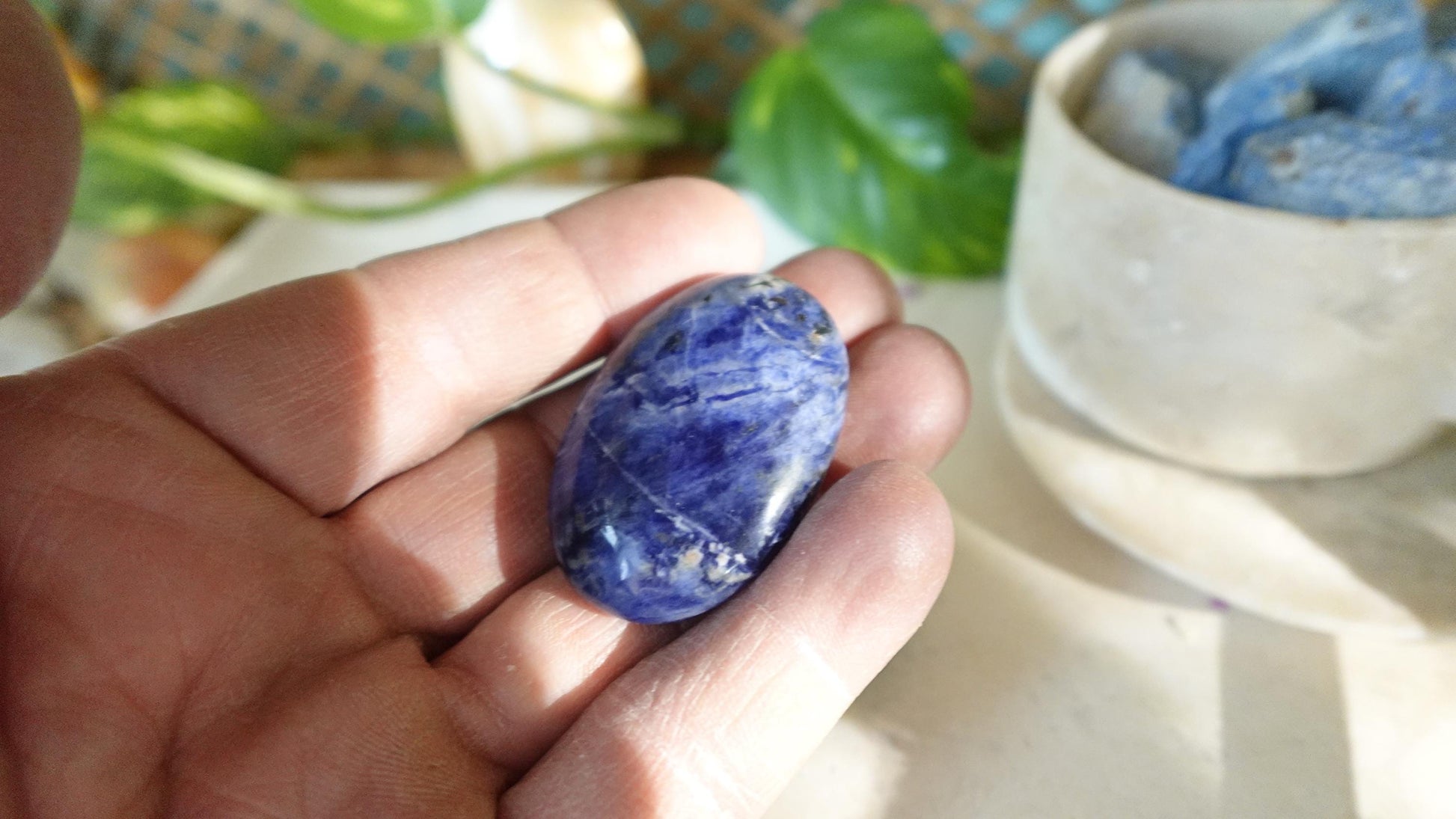Blue Sodalite Natural Medium Palm Stone Smooth Polished Carved Crystal for Distraction Anxiety Christmas Xmas Birthday Gift Worry Anxiety