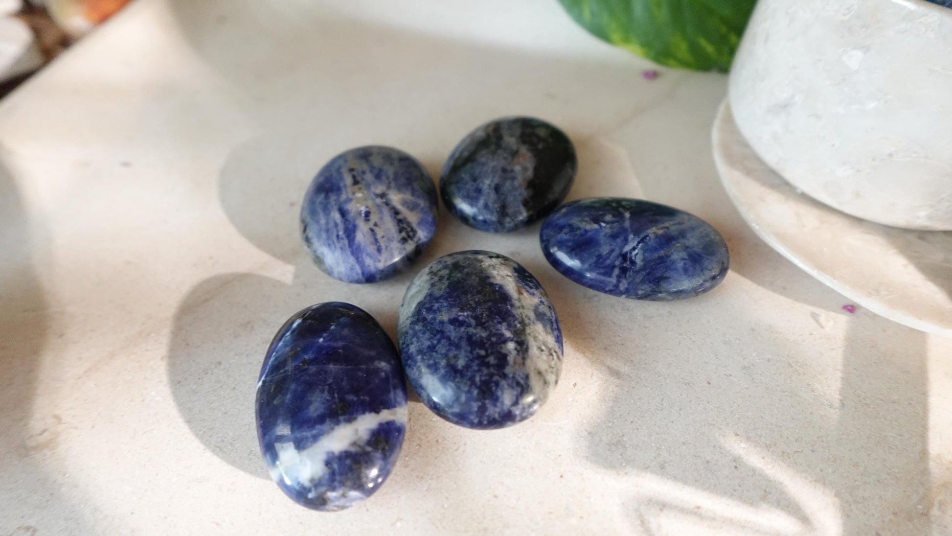 Blue Sodalite Natural Medium Palm Stone Smooth Polished Carved Crystal for Distraction Anxiety Christmas Xmas Birthday Gift Worry Anxiety