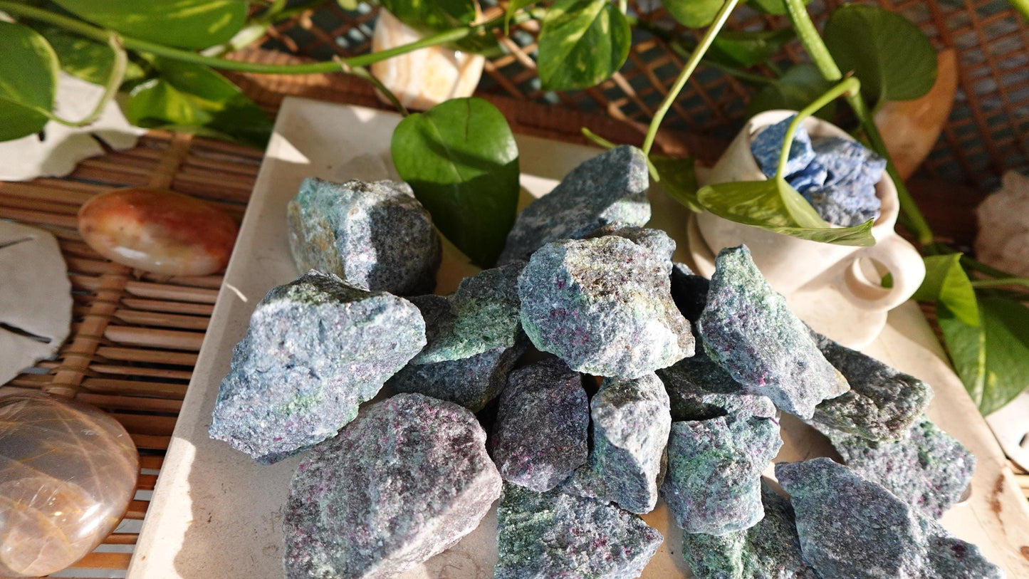 Raw Ruby in Fuchsite Specimen: Untreated Crystal for Home Decor