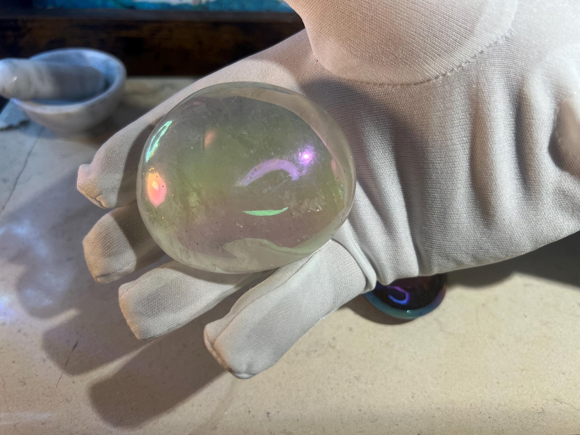 Huge Angel Aura Quartz Palm Stone: Polished Crystal for Anxiety Relief