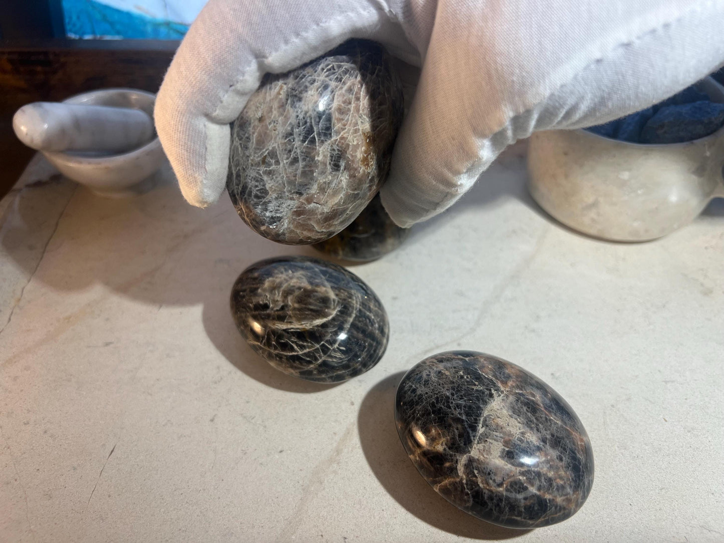 Black Moonstone Palm Stone: Polished Carved Crystal Decor Home Decor Worry Pocket Stress Anxiety Palm Stone