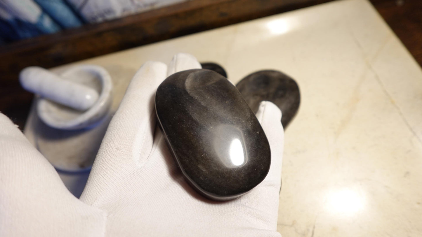 Silver Obsidian Natural Palm Stone Smooth Polished Carved Crystal for anxiety pocket relief gift Birthday Xmas Meditation Scrying