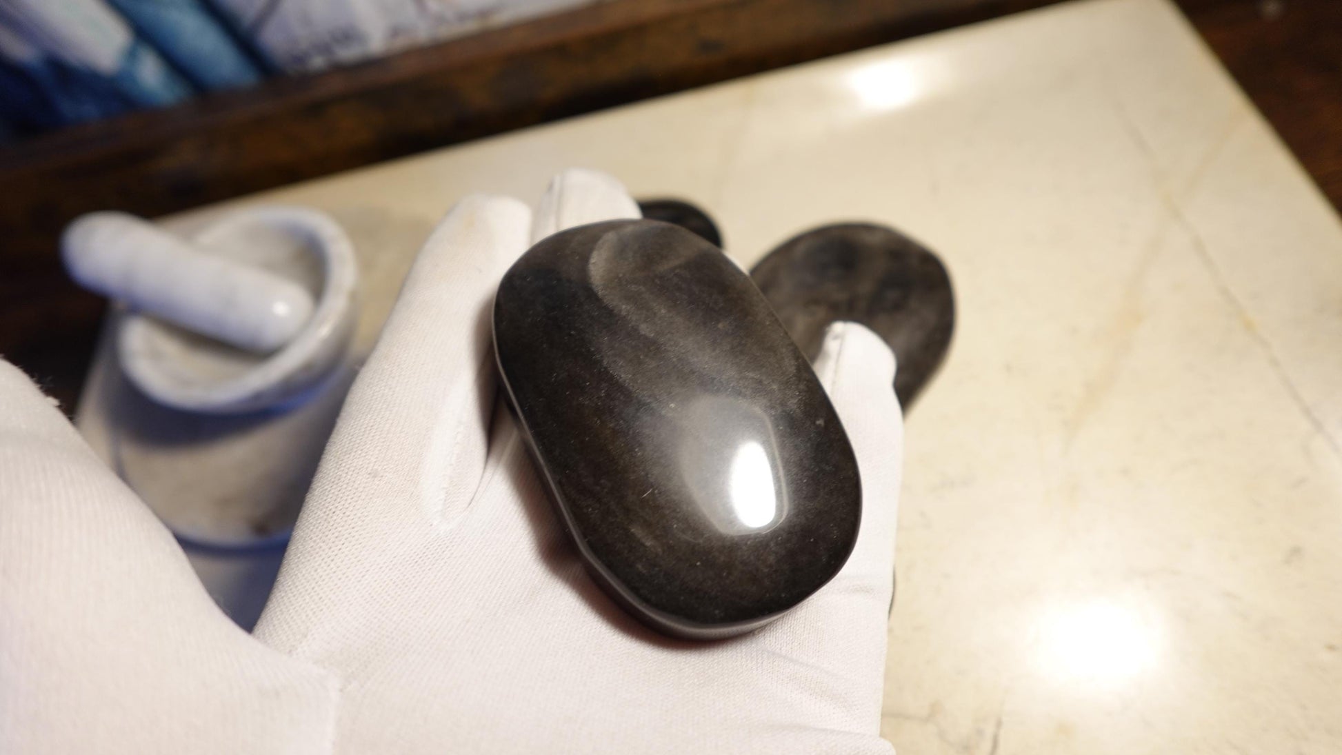 Silver Obsidian Natural Palm Stone Smooth Polished Carved Crystal for anxiety pocket relief gift Birthday Xmas Meditation Scrying