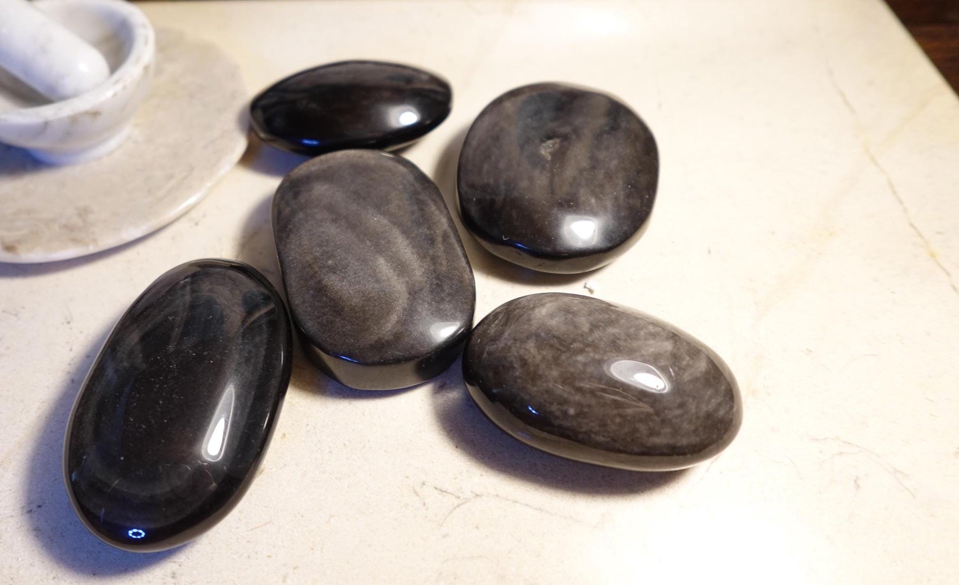 Silver Obsidian Natural Palm Stone Smooth Polished Carved Crystal for anxiety pocket relief gift Birthday Xmas Meditation Scrying