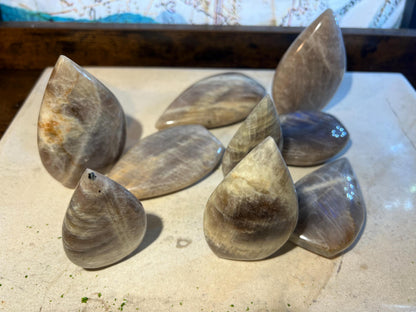 Blue Moonstone Carved Palm Stone: Polished Crystal Gift