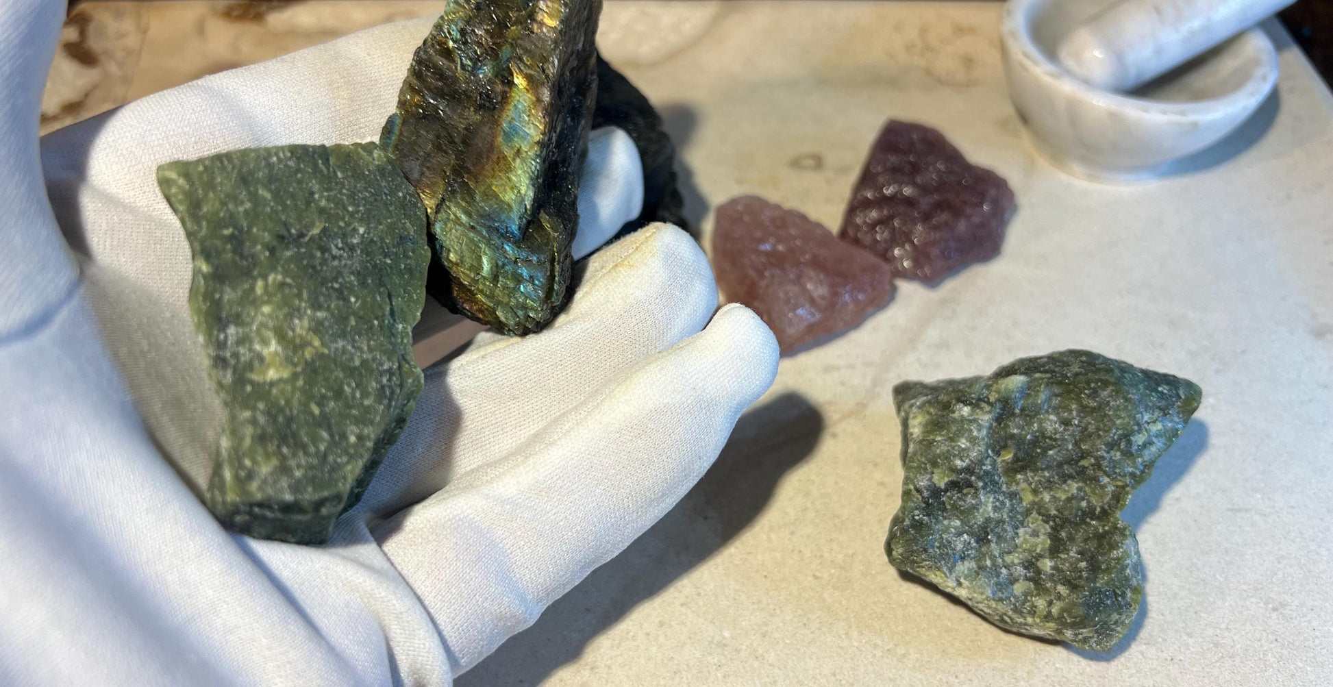 Raw Crystal Power Pack: Strawberry Quartz, Labradorite, Green Jade