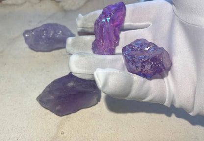 Raw Aura Quartz Crystal Set: Amethyst & Strawberry Quartz - Inner Peace Decor