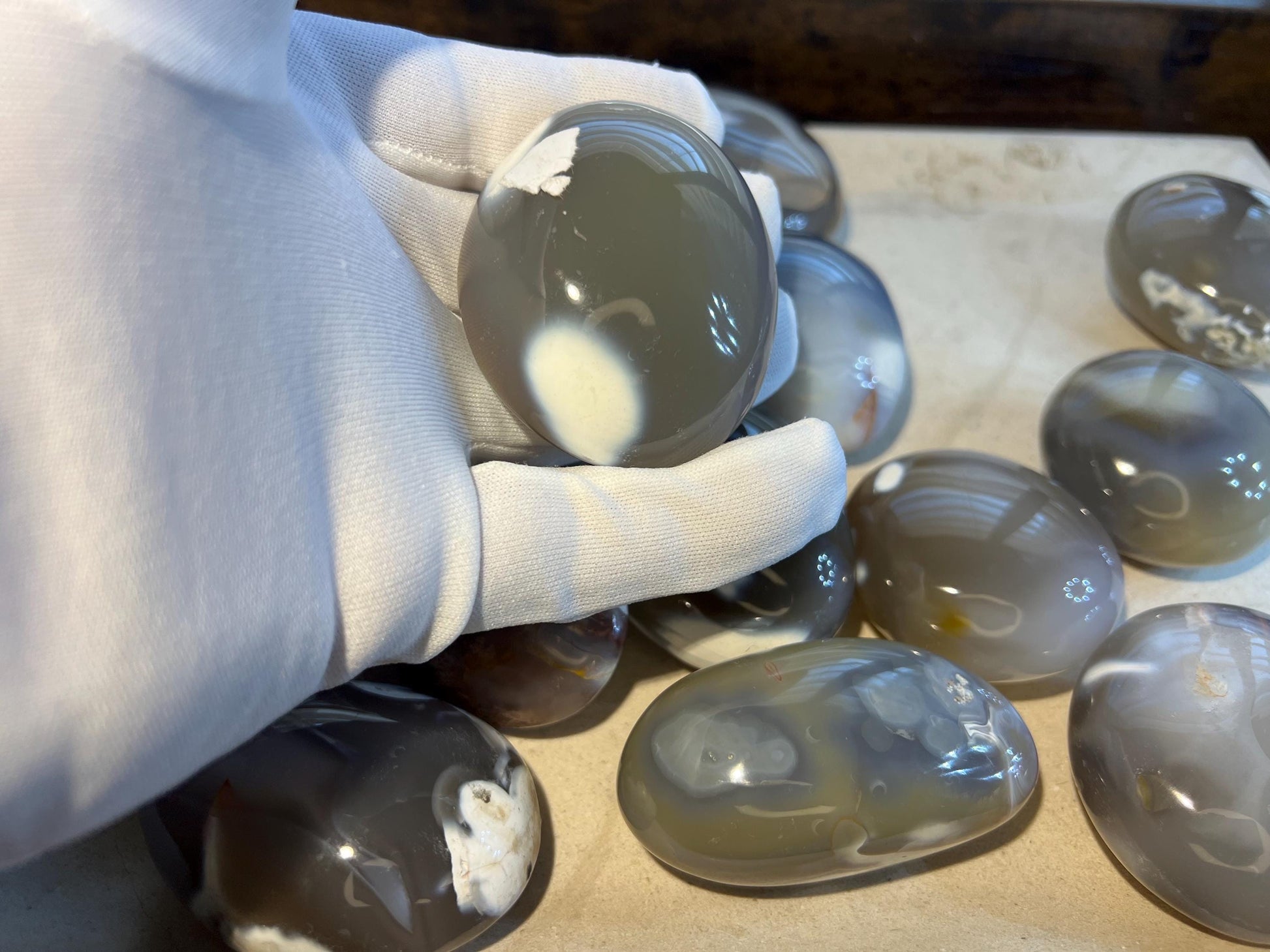 Polished Ghost Orca Agate Thumb Stone: Worry Stone, Meditation Crystal