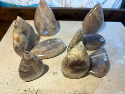 Blue Moonstone Carved Palm Stone: Polished Crystal Gift