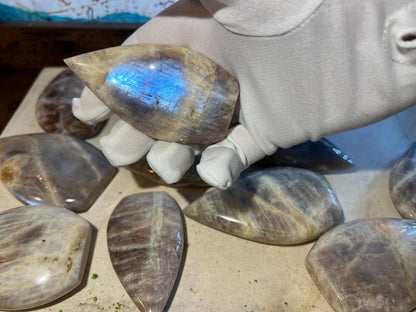 Blue Moonstone Carved Palm Stone: Polished Crystal Gift