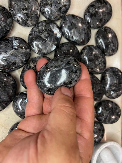 Polished Larvikite Palm Stone: Norwegian Moonstone Worry Stone Home Decor Worry Pocket Stress Anxiety Palm Stone