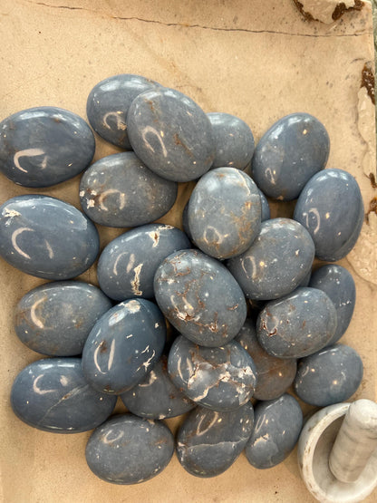 Angelite Crystal Palm Stone: Polished Worry Stone, Calming Meditation Gift Home Decor Worry Pocket Stress Anxiety Palm Stone