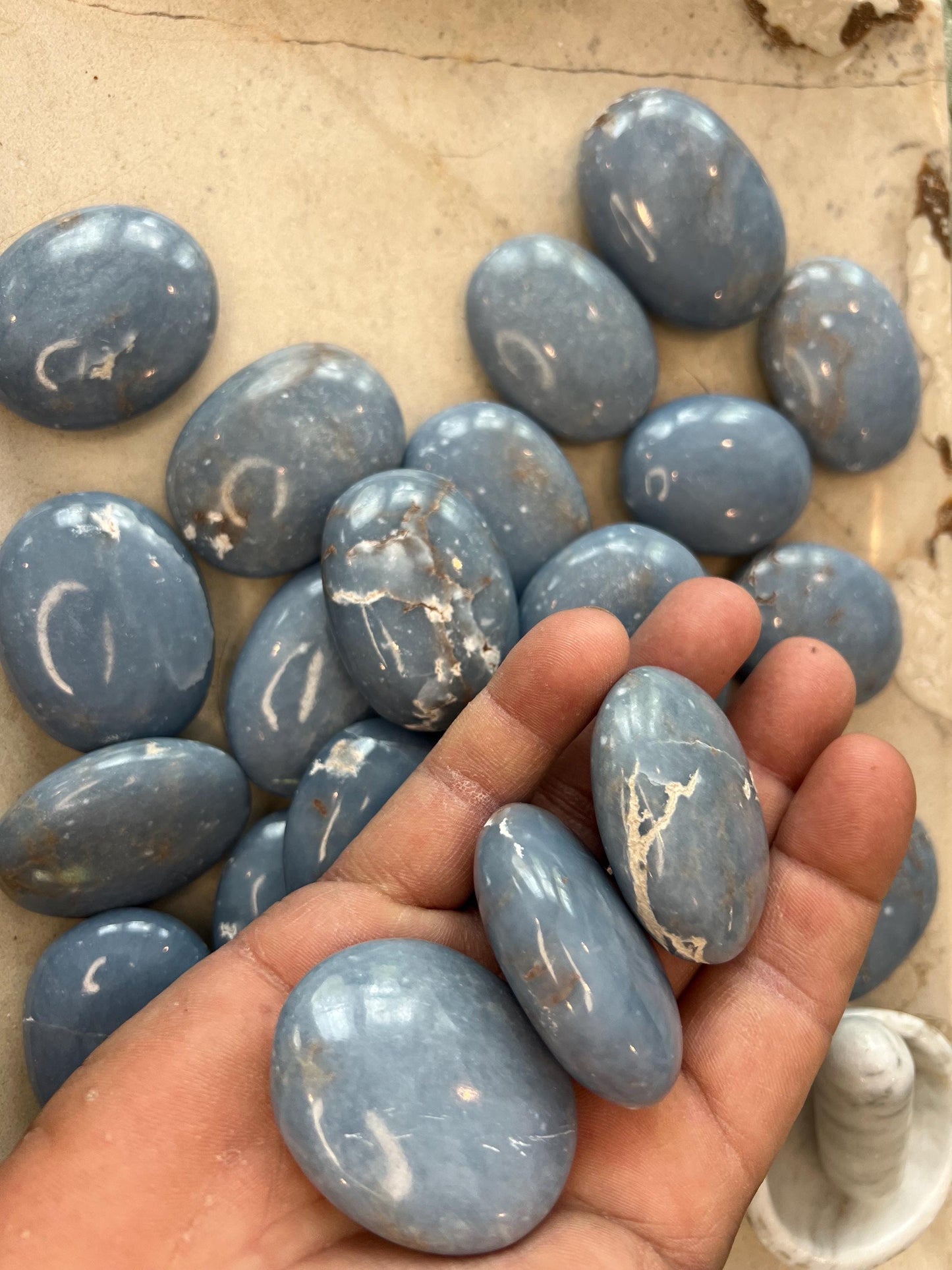 Angelite Crystal Polished Palm Stone Pocket Anxiety Worry Stress Gift Home Decor Christmas Meditation Xmas Relief Calming Focus