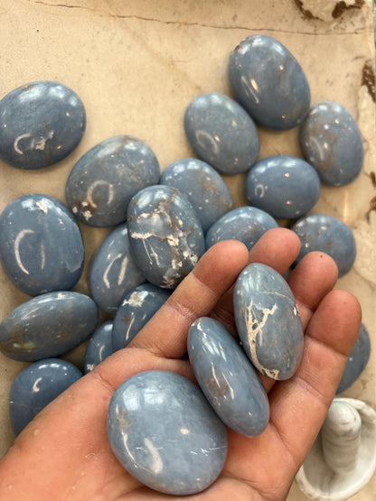 Angelite Crystal Palm Stone: Polished Worry Stone, Calming Meditation Gift Home Decor Worry Pocket Stress Anxiety Palm Stone