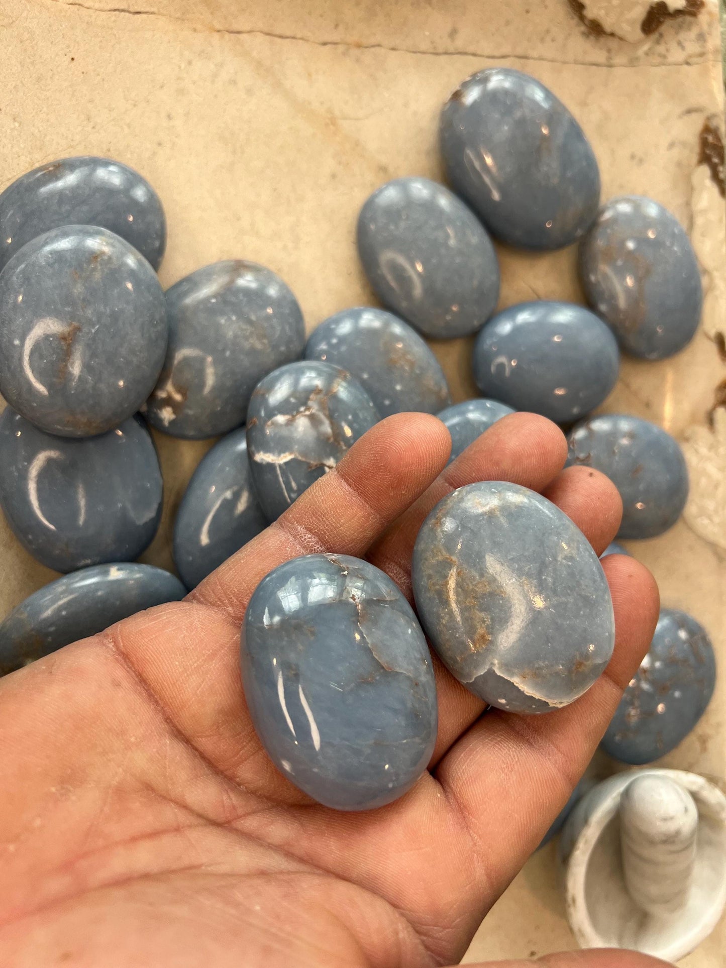 Angelite Crystal Palm Stone: Polished Worry Stone, Calming Meditation Gift Home Decor Worry Pocket Stress Anxiety Palm Stone