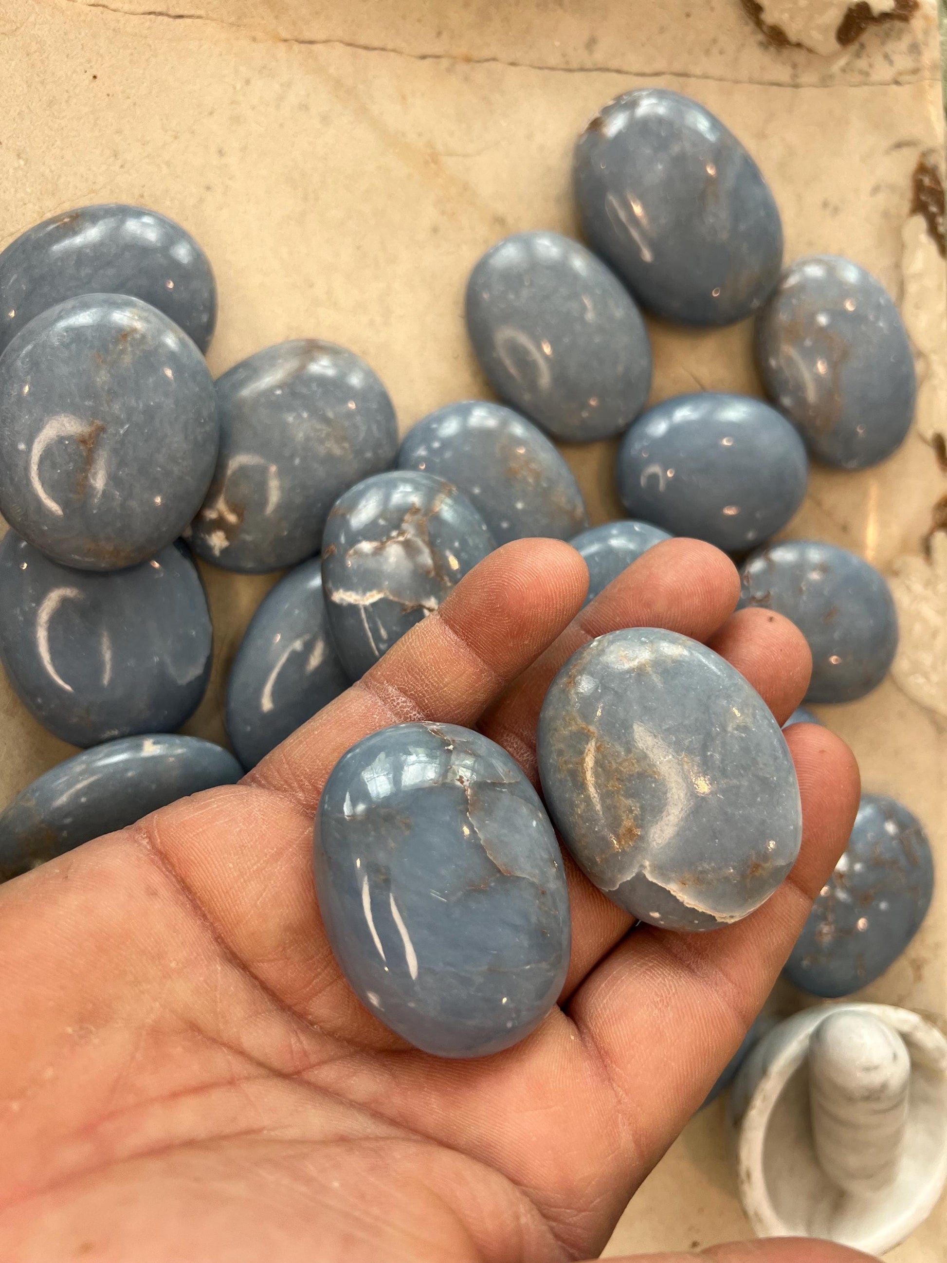Angelite Crystal Palm Stone: Polished Worry Stone, Calming Meditation Gift Home Decor Worry Pocket Stress Anxiety Palm Stone