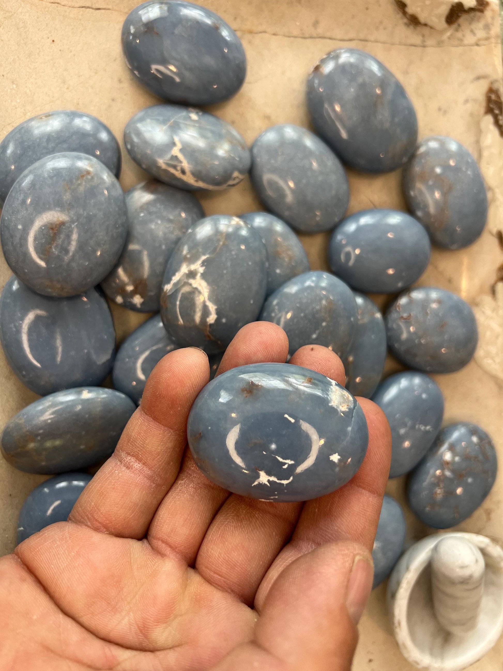 Angelite Crystal Polished Palm Stone Pocket Anxiety Worry Stress Gift Home Decor Christmas Meditation Xmas Relief Calming Focus