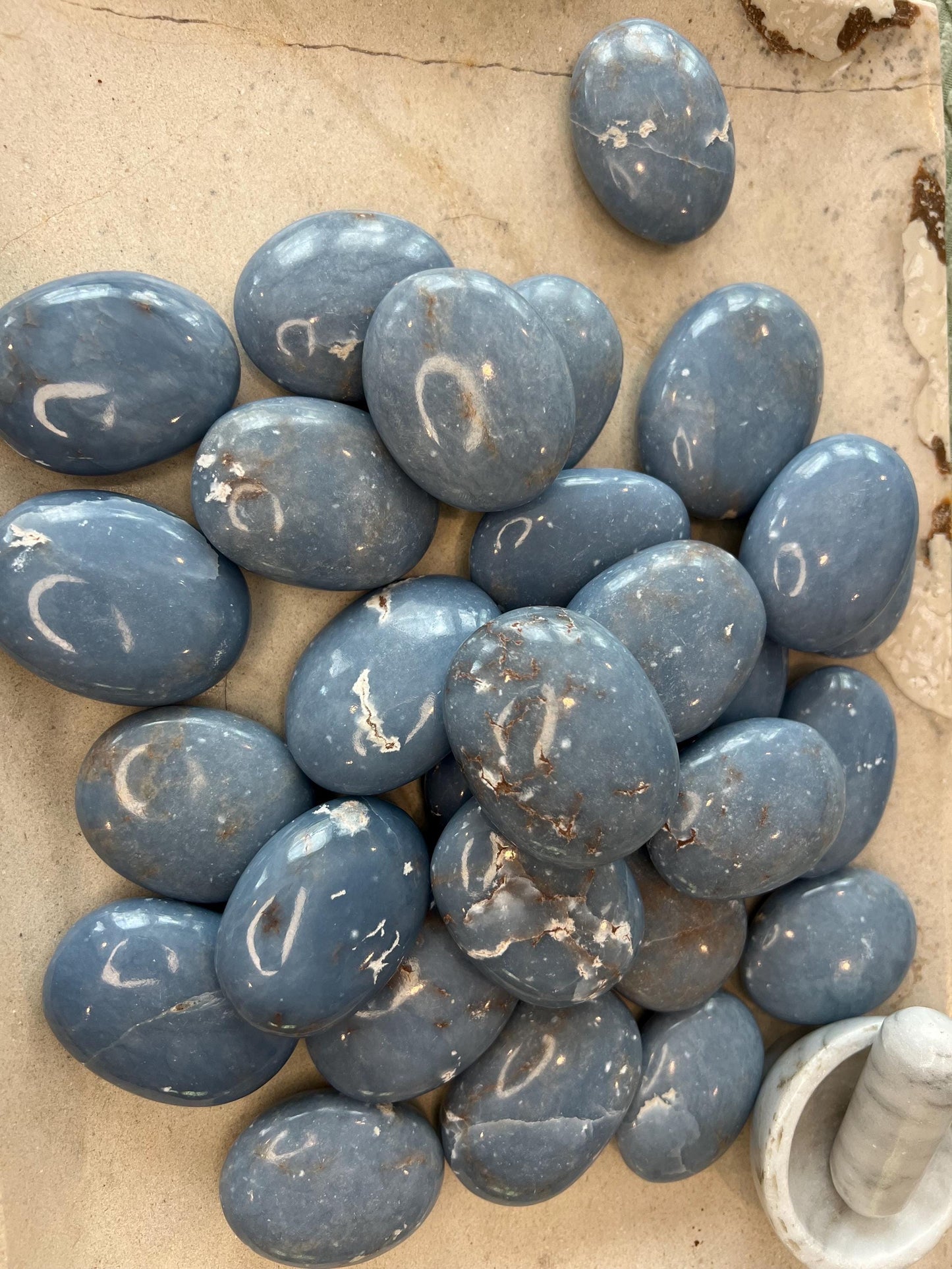 Angelite Crystal Palm Stone: Polished Worry Stone, Calming Meditation Gift Home Decor Worry Pocket Stress Anxiety Palm Stone