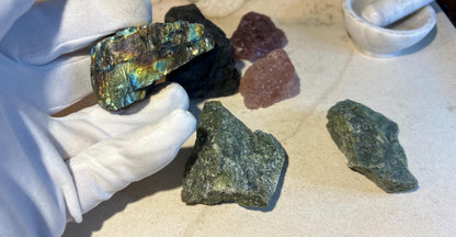 Raw Crystal Power Pack: Strawberry Quartz, Labradorite, Green Jade