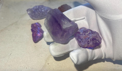 Raw Aura Quartz Crystal Set: Amethyst & Strawberry Quartz - Inner Peace Decor