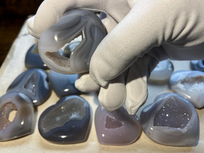 Greek Blue Lace Agate Druzy Heart: Polished Crystal Palm Stone Home Decor Worry Pocket Stress Anxiety Palm Stone