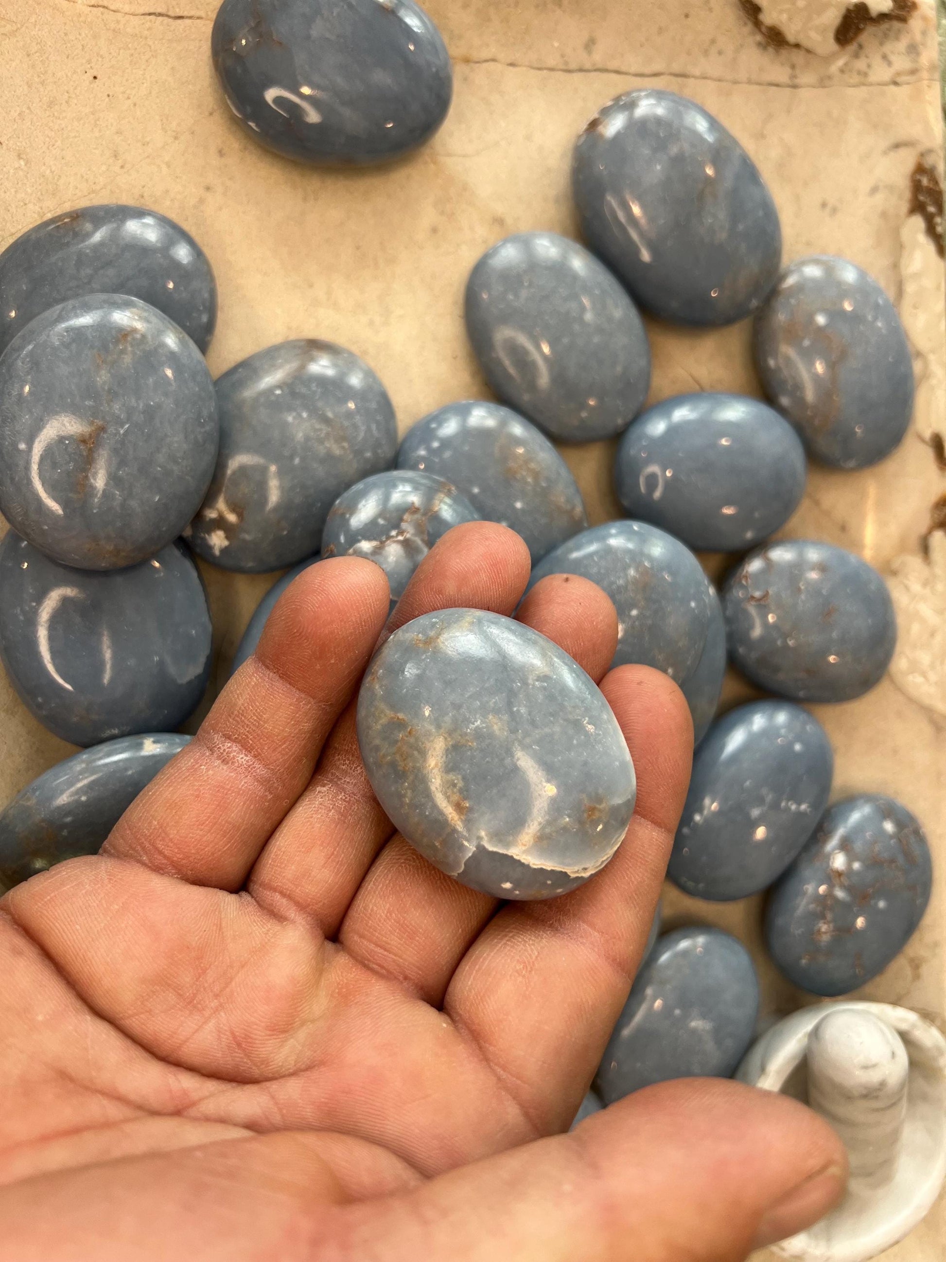 Angelite Crystal Polished Palm Stone Pocket Anxiety Worry Stress Gift Home Decor Christmas Meditation Xmas Relief Calming Focus