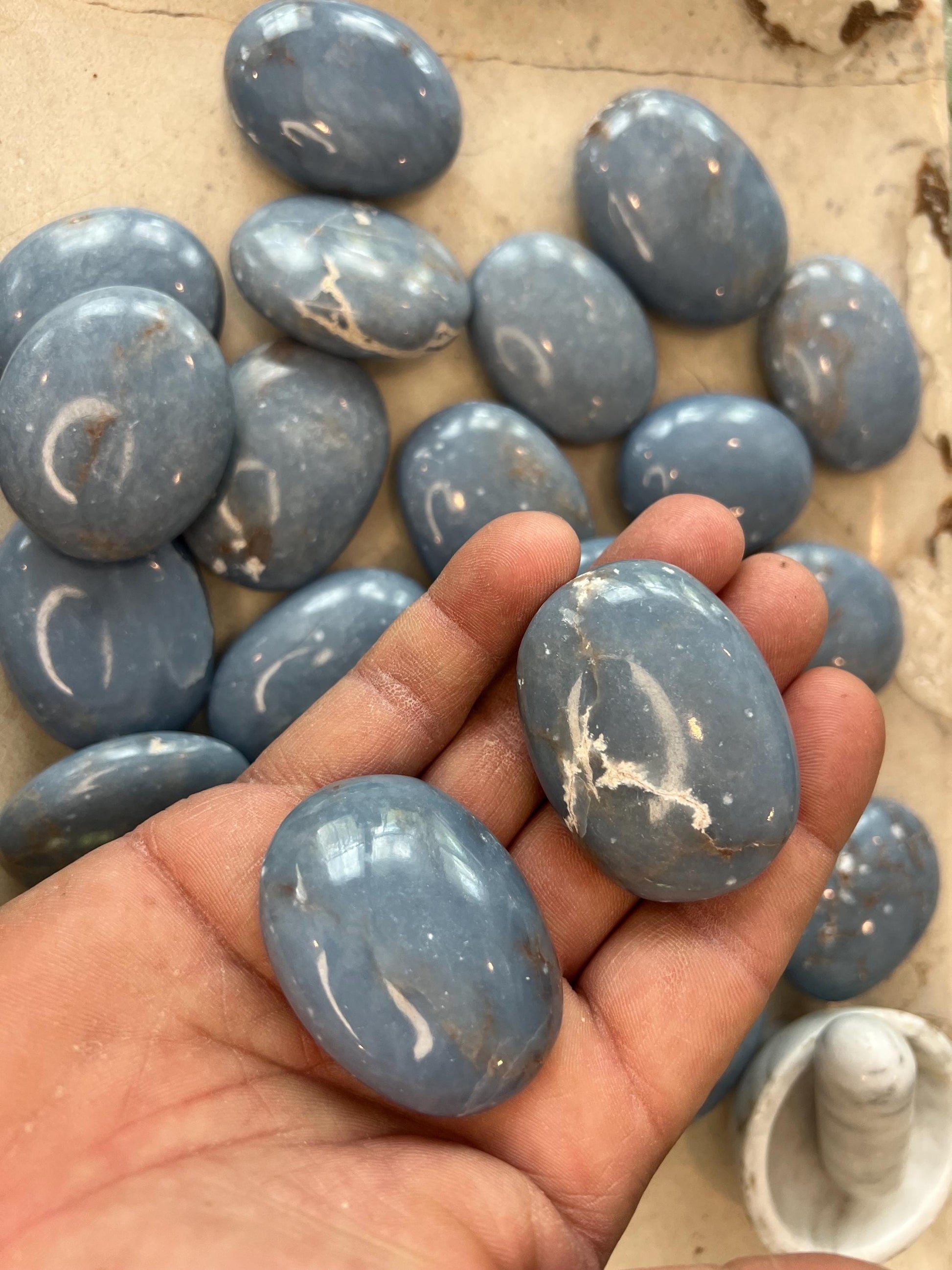 Angelite Crystal Polished Palm Stone Pocket Anxiety Worry Stress Gift Home Decor Christmas Meditation Xmas Relief Calming Focus