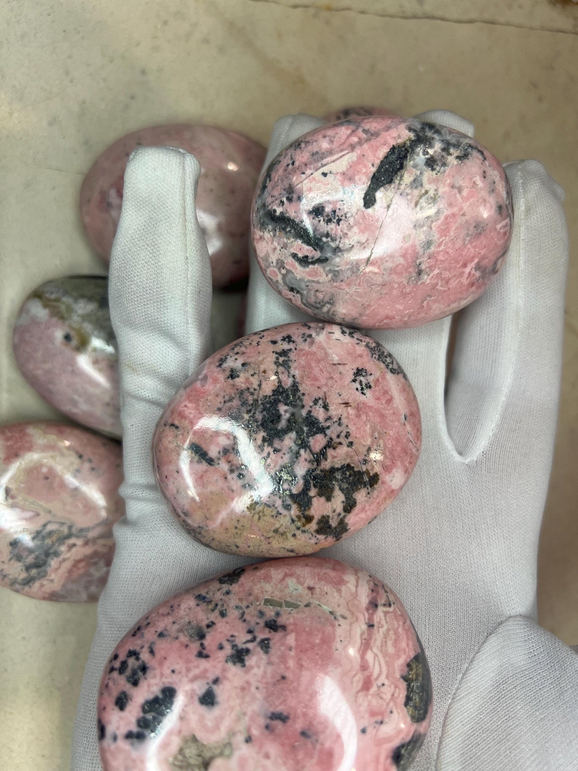 Indian Rhodochrosite Natural Palm Stone Smooth Polished Carved Crystal Worry Anxiety Distraction Meditation Christmas Xmas Gift Home Decor