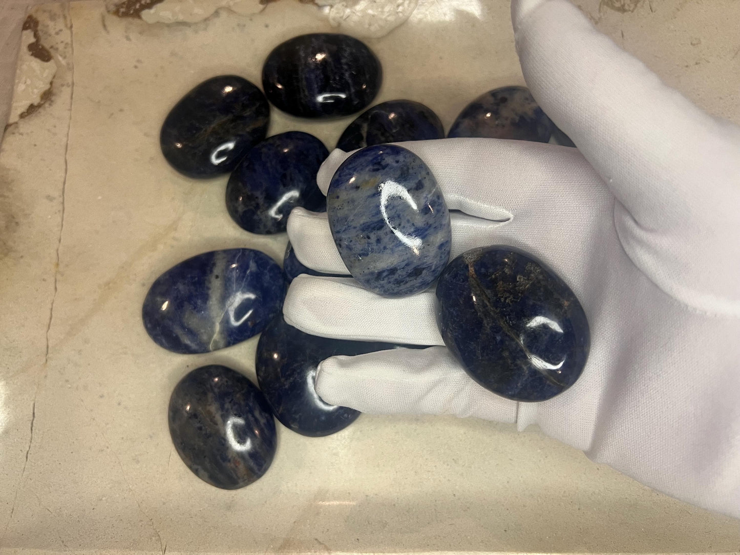 Indian Blue Sodalite Palm Stone: Polished Carved Crystal Home Decor Worry Pocket Stress Anxiety Palm Stone