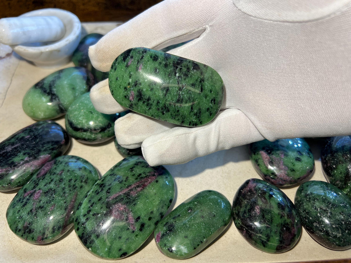 Indian Ruby in Zoisite Natural Palm Stone Smooth Polished Carved Crystal for Distraction from Anxiety or Worry Home Decor Holiday Xmas Home