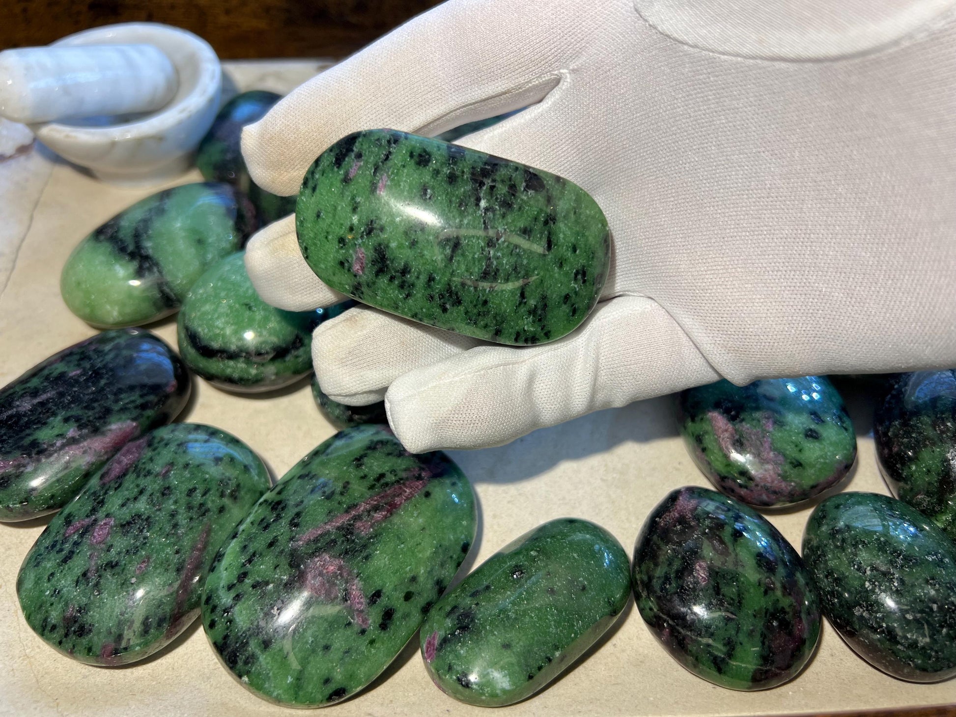 Indian Ruby in Zoisite Natural Palm Stone Smooth Polished Carved Crystal for Distraction from Anxiety or Worry Home Decor Holiday Xmas Home