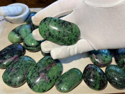 Ruby in Zoisite Palm Stone: Polished Carved Crystal, Anxiety Relief Home Decor Worry Pocket Stress Anxiety Palm Stone