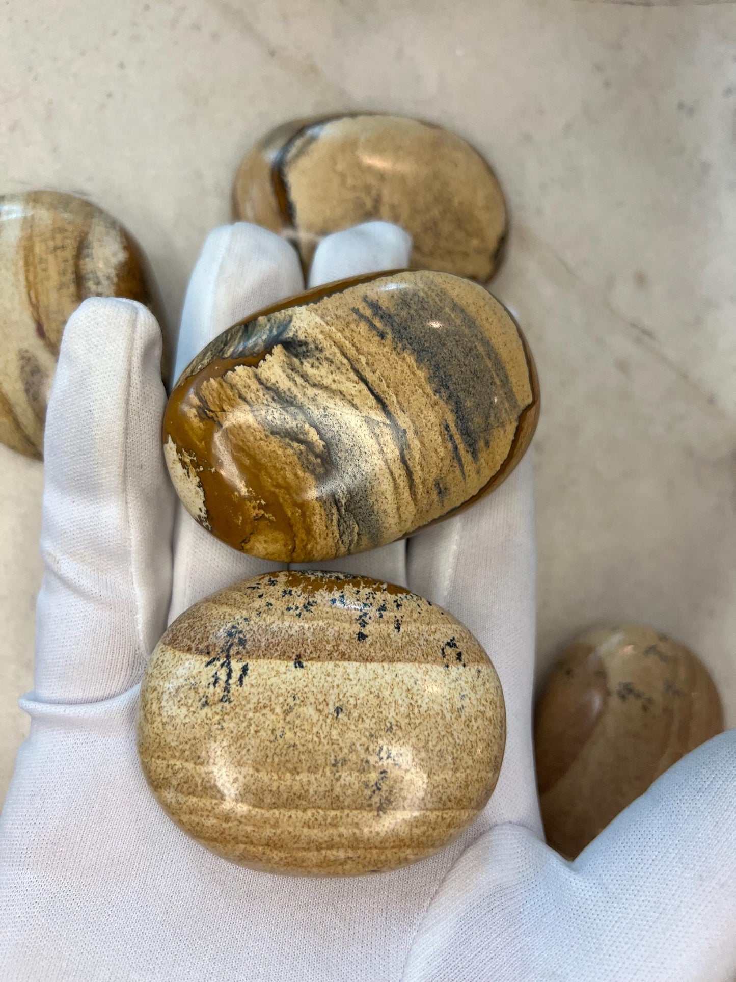 Owyhee Jasper Palm Stone: Polished Picture Jasper, Crystal for Meditation Home Decor Worry Pocket Stress Anxiety Palm Stone