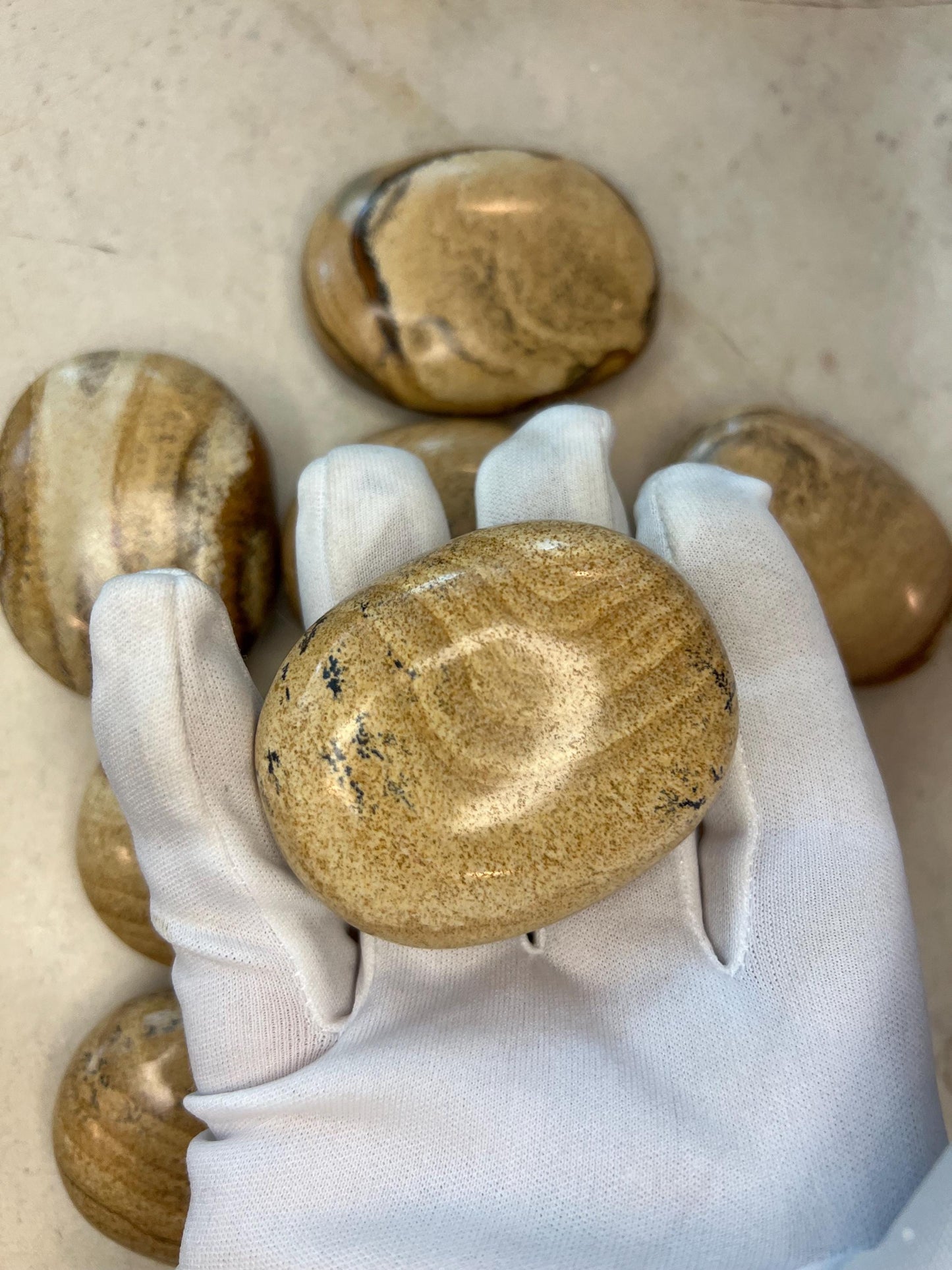 Owyhee Jasper Palm Stone: Polished Picture Jasper, Crystal for Meditation Home Decor Worry Pocket Stress Anxiety Palm Stone