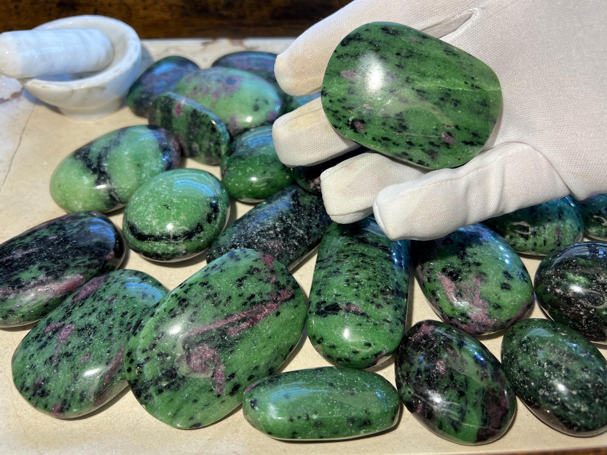Indian Ruby in Zoisite Natural Palm Stone Smooth Polished Carved Crystal for Distraction from Anxiety or Worry Home Decor Holiday Xmas Home