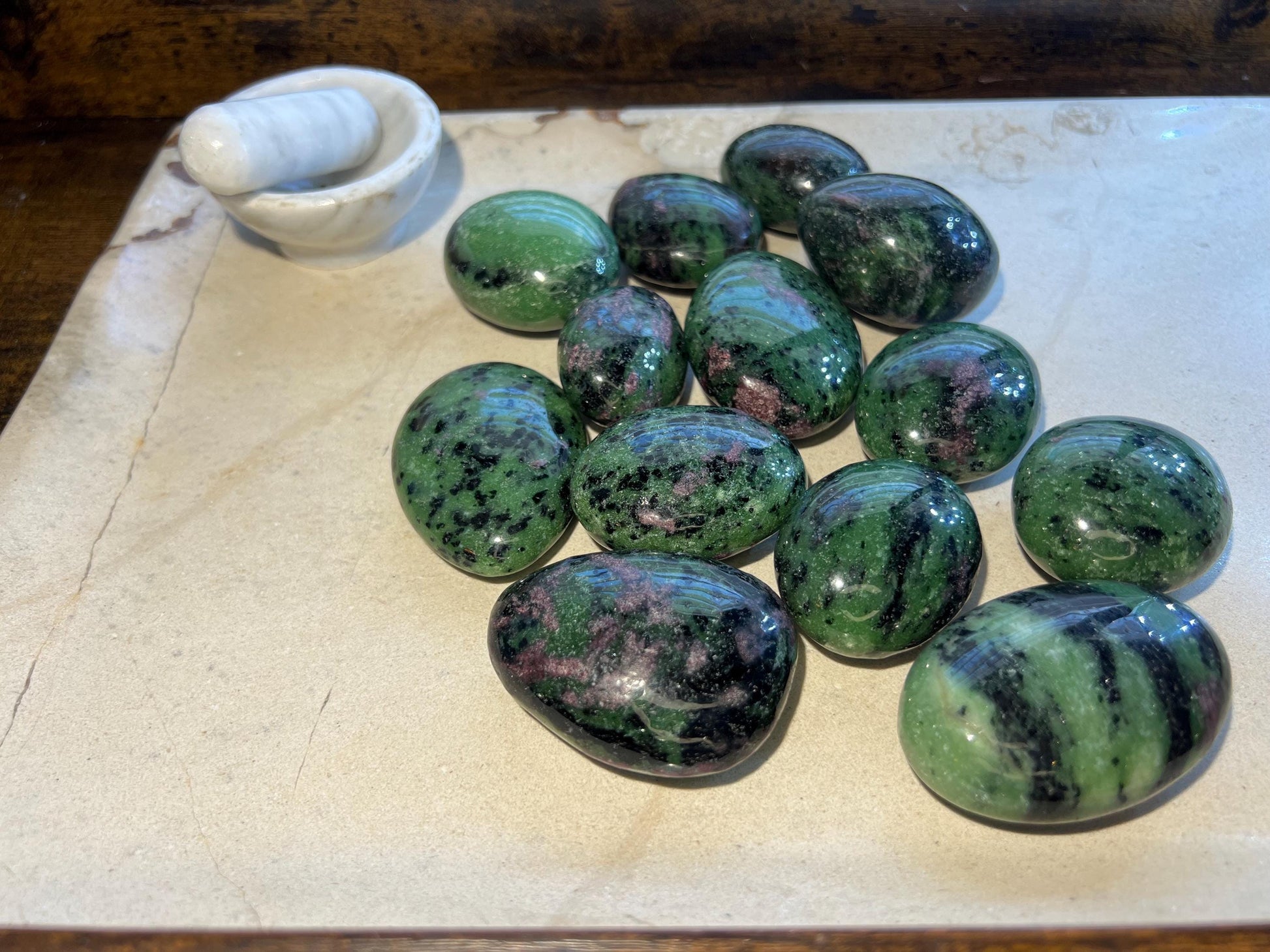 Indian Ruby in Zoisite Natural Palm Stone Smooth Polished Carved Crystal for Distraction from Anxiety or Worry Home Decor Holiday Xmas Home