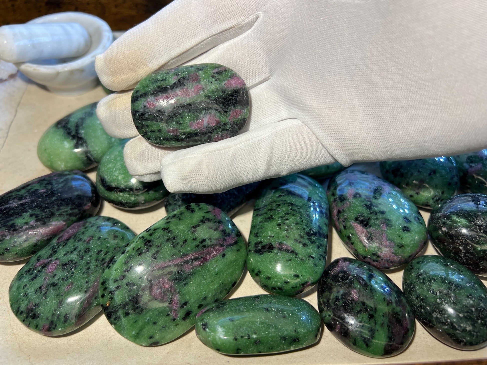 Indian Ruby in Zoisite Natural Palm Stone Smooth Polished Carved Crystal for Distraction from Anxiety or Worry Home Decor Holiday Xmas Home