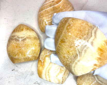 Honey Calcite Crystal Point: Carved Free Form Stone for Anxiety & Home Decor
