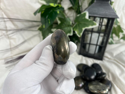 Polished Chalcopyrite Palm Stone: Chilean Copper Crystal, Worry Stone Home Decor Worry Pocket Stress Anxiety Palm Stone