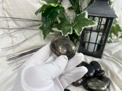 Polished Chalcopyrite Palm Stone: Chilean Copper Crystal, Worry Stone Home Decor Worry Pocket Stress Anxiety Palm Stone