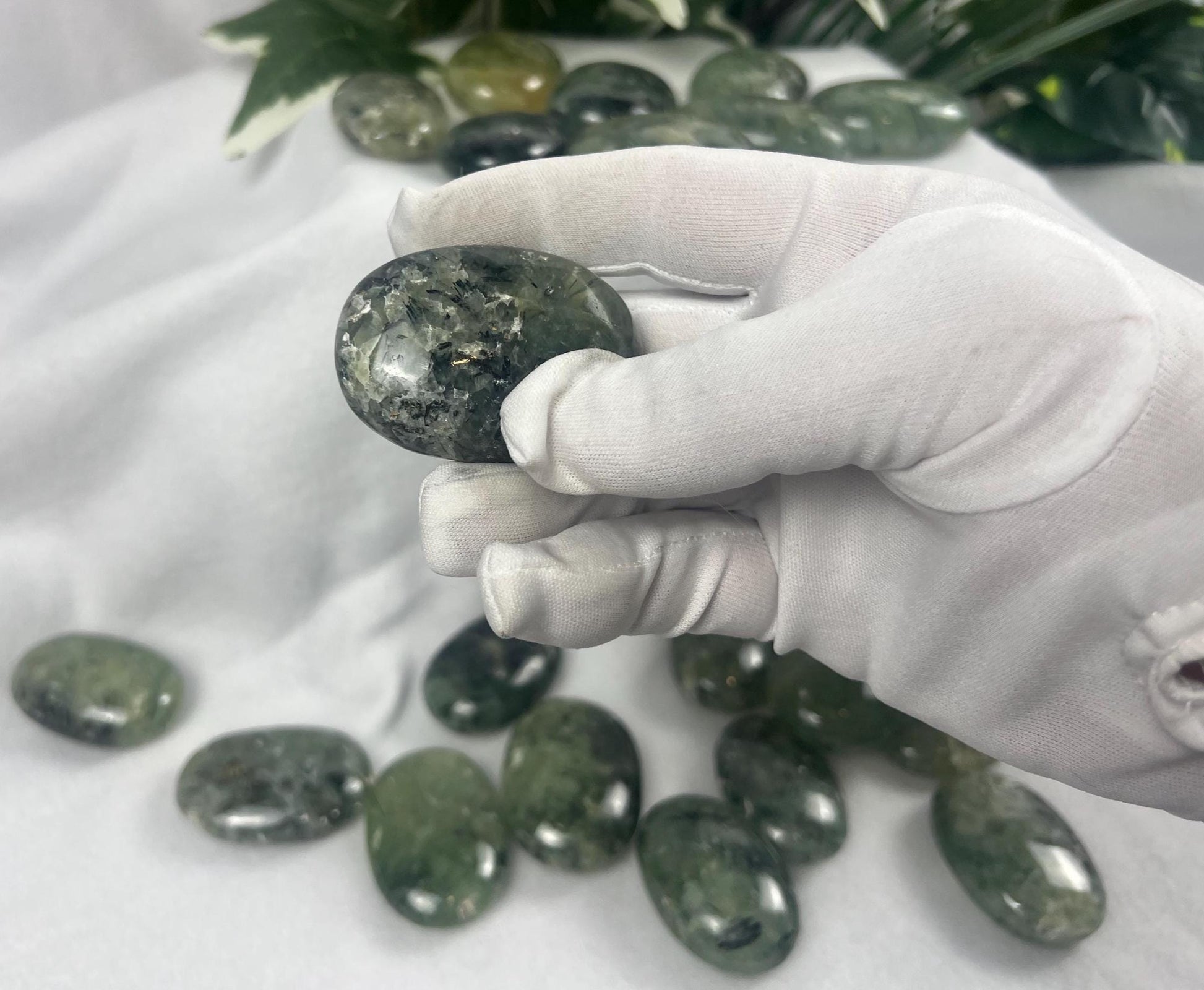 Himalayan Epidote in Prehnite Polished Crystal Palm Stones Anxiety Stress Worry Relief Gift Home Decor Birthday Christmas Xmas Meditation