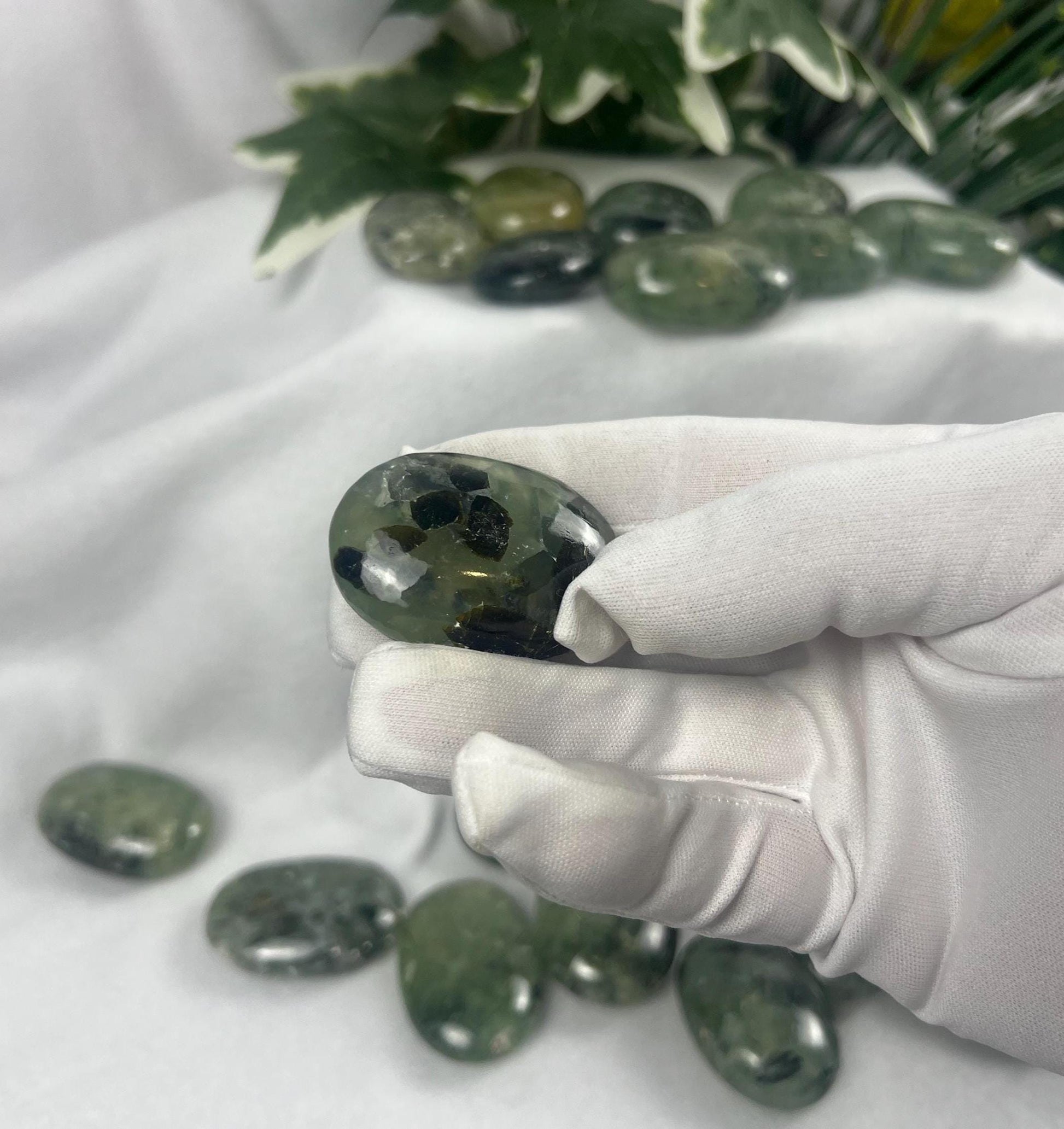 Himalayan Epidote in Prehnite Polished Crystal Palm Stones Anxiety Stress Worry Relief Gift Home Decor Birthday Christmas Xmas Meditation