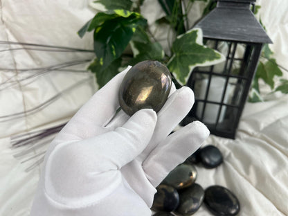 Polished Chalcopyrite Palm Stone: Chilean Copper Crystal, Worry Stone Home Decor Worry Pocket Stress Anxiety Palm Stone