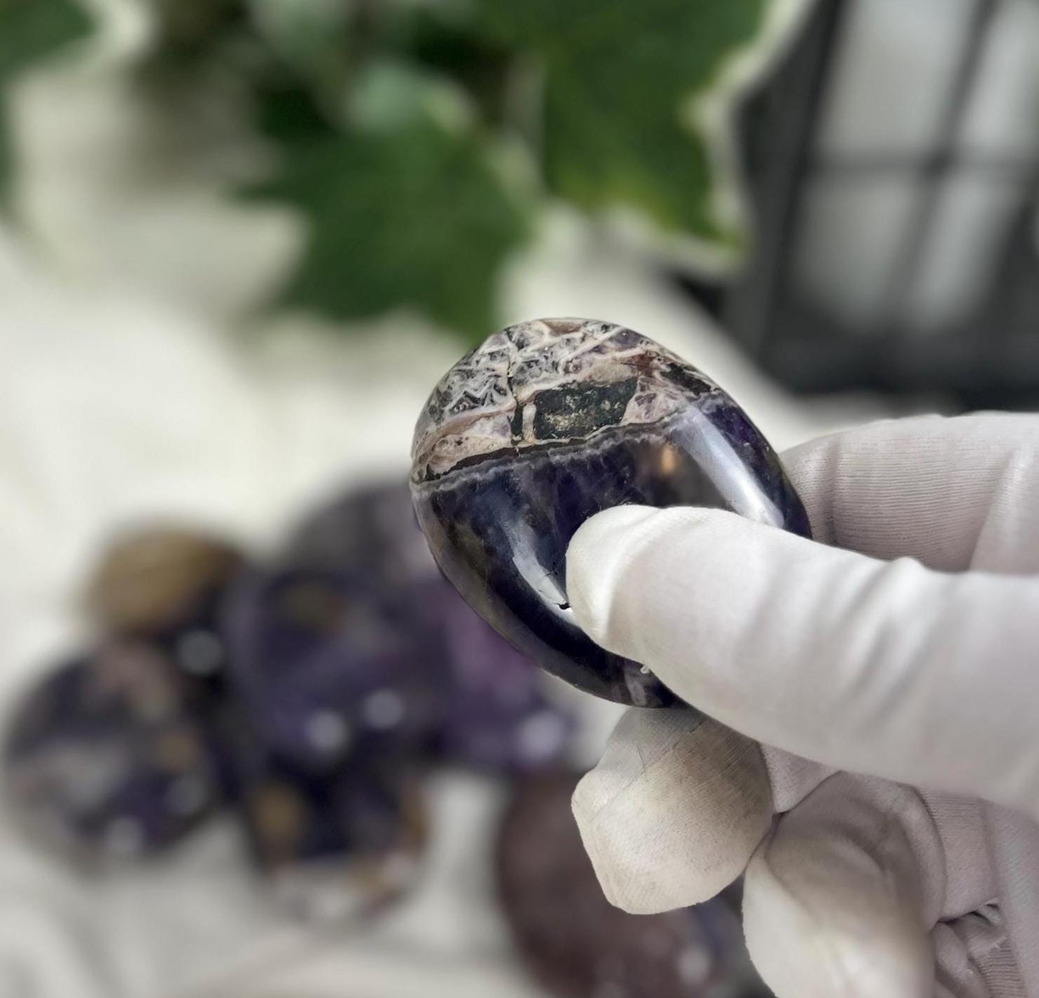 Brazilian Chevron Amethyst Natural Palm Stone Smooth Polished Carved Crystal for Distraction from Anxiety Worry Home Decor Christmas