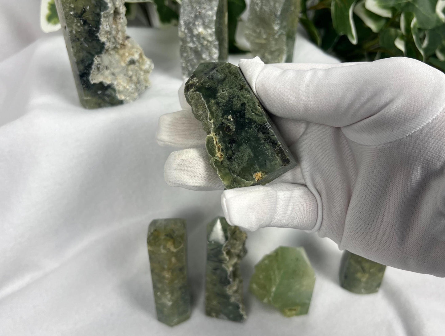 Polished Prehnite Crystal Tower: Natural Palm Stone for Anxiety Relief Home Decor Worry Pocket Stress Anxiety Palm Stone