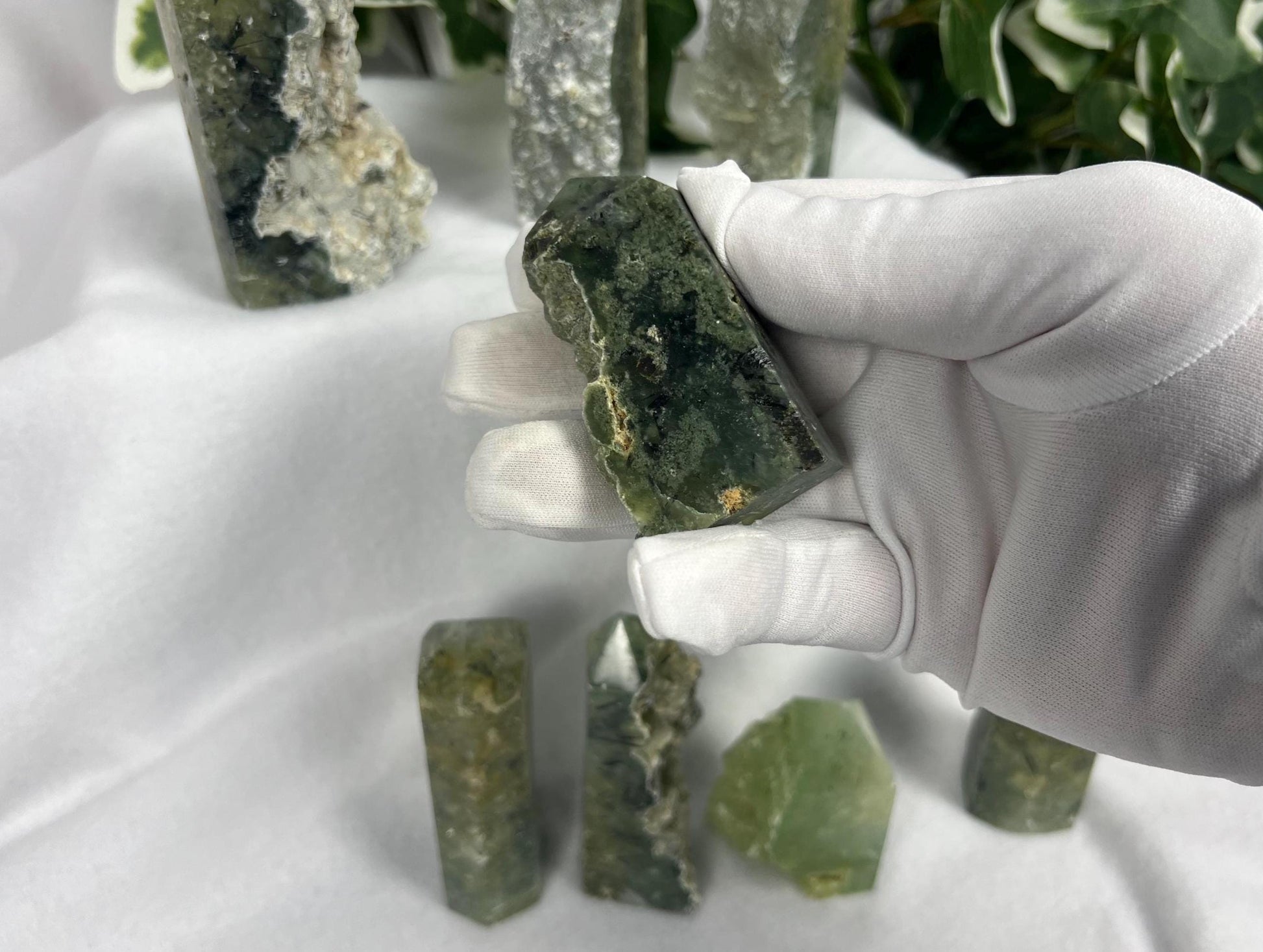 Polished Prehnite Crystal Tower: Natural Palm Stone for Anxiety Relief Home Decor Worry Pocket Stress Anxiety Palm Stone