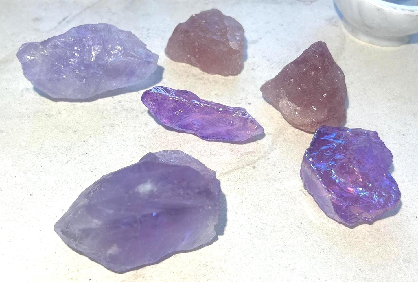 Raw Aura Quartz Crystal Set: Amethyst & Strawberry Quartz - Inner Peace Decor