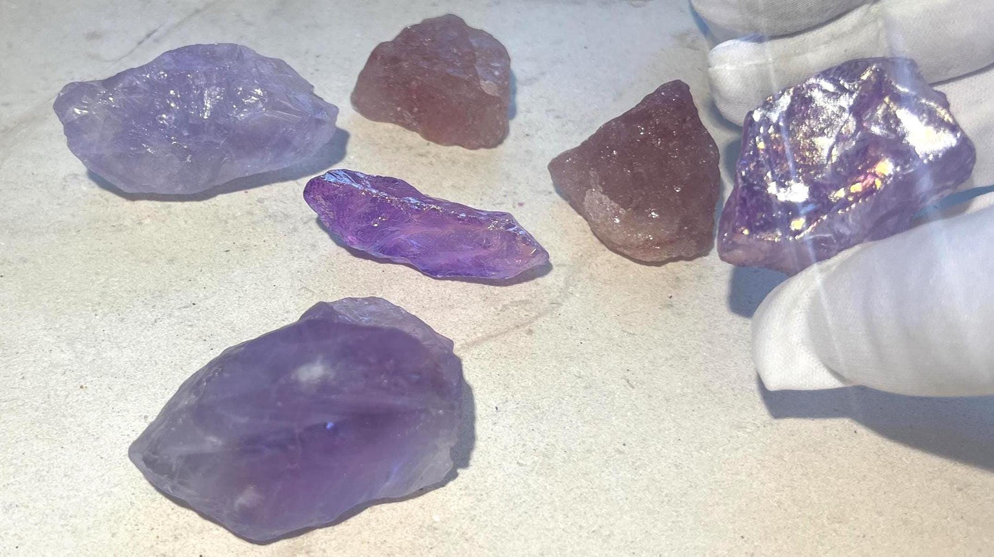 Raw Aura Quartz Crystal Set: Amethyst & Strawberry Quartz - Inner Peace Decor