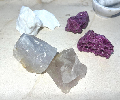 Peace & Courage Crystal Power Pack: Raw Ruby, Blue Quartz, White Jade